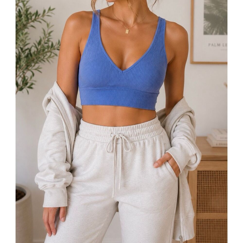 Aerie Real Good Blue Ribbed Longline Sports Bra Size L/G Low Impact Lounge